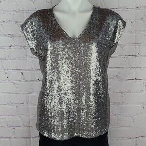 Stella & Dot Gray Sequins V-neck Short Sleeve Top/Blouse. Size XS.